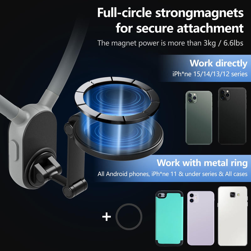 Keweis Magnetic Neck Phone Holder Cell Phone Mount, Hand Free POV/Vlog Flexible Phone Neck Holder Around Chest Stand Video Recording Fit for iPhone 15 14 13 12 Pro Max Plus Mini (Grey) Grey