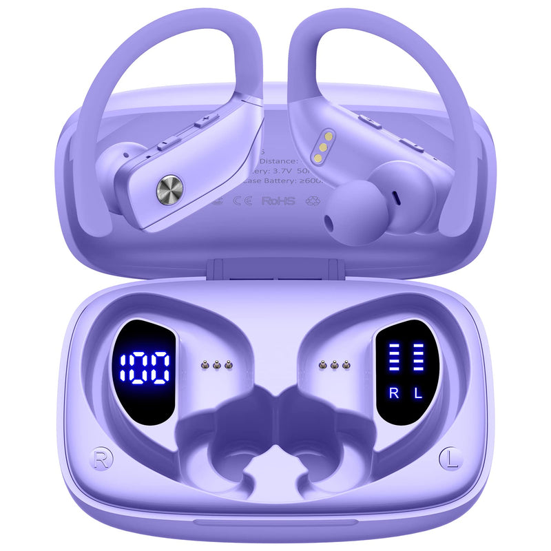2 Sets Wireless Earbuds Bluetooth Headphones 48hrs Play Back Sport Earphones with LED Display Over-Ear Buds with Earhooks Built-in Mic Headset for Workout Sky Blue+Purple