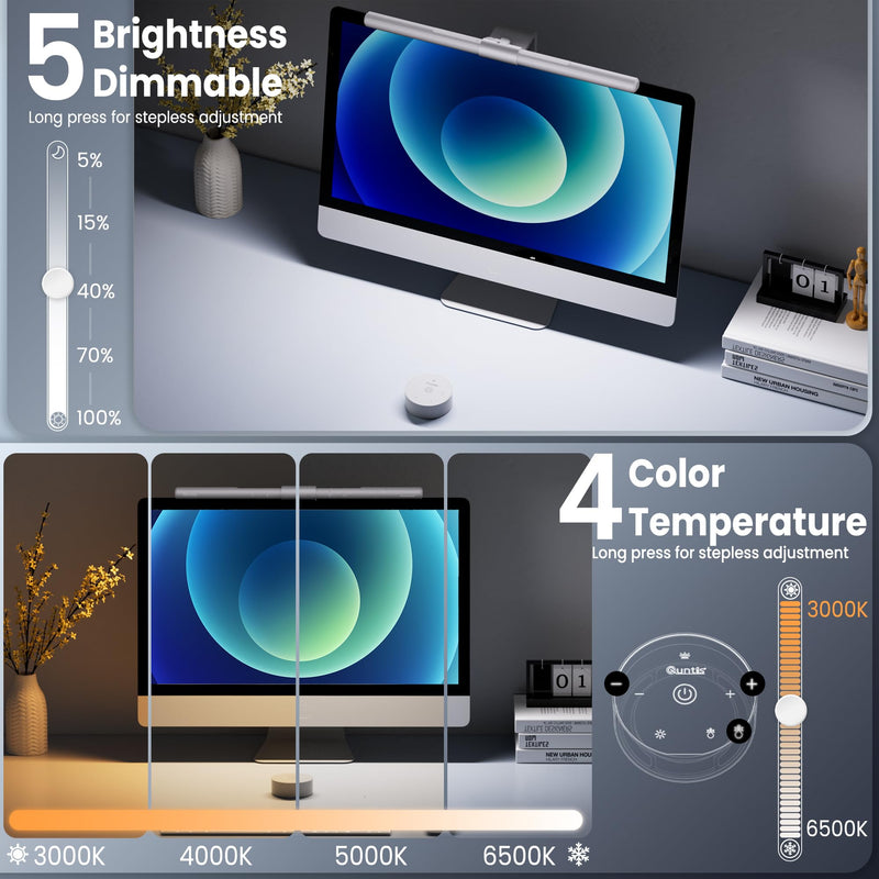 Quntis Monitor Light Bar Pro White, Eye-Care No Glare USB Computer Lamp, Stepless Dimming & Auto-Dimming Brightness, Dual Control, Modern Aesthetic Space Saving Desk Accessories Office Gaming Reading ‎ScreenLinear Pro White