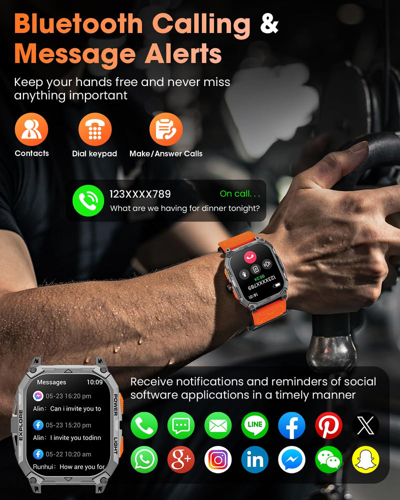 Military Smart Watches for Men, 2.01" HD Smartwatch with 1000 mAh Battery/2 Straps/Answer/Make Call/Led Flashlight/Heart Rate/Sleep Monitor, 100+ Sport Modes Fitness Tracker for Android/iPhone