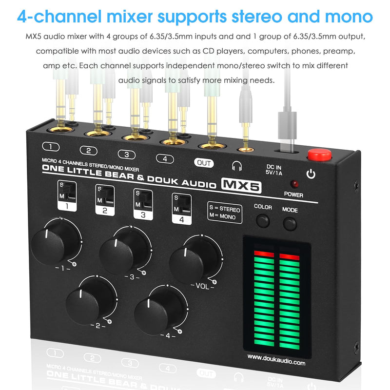 Douk Audio MX5 4 Channel Audio Mixer 4-CH Line-Mixing Mono Stereo Ultra Low-Noise LED Level Meter