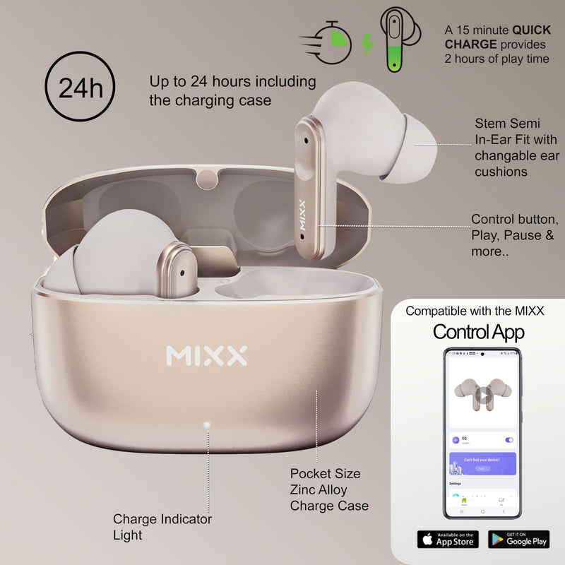 MIXX StreamBuds Custom 3 True Wireless Earbuds with Charging Case – 24hr Playtime, Quick Charge, App Control, Clear Voice Quad Mic, Noise Isolation – Bluetooth 5.3, Zinc Alloy Case - Champagne