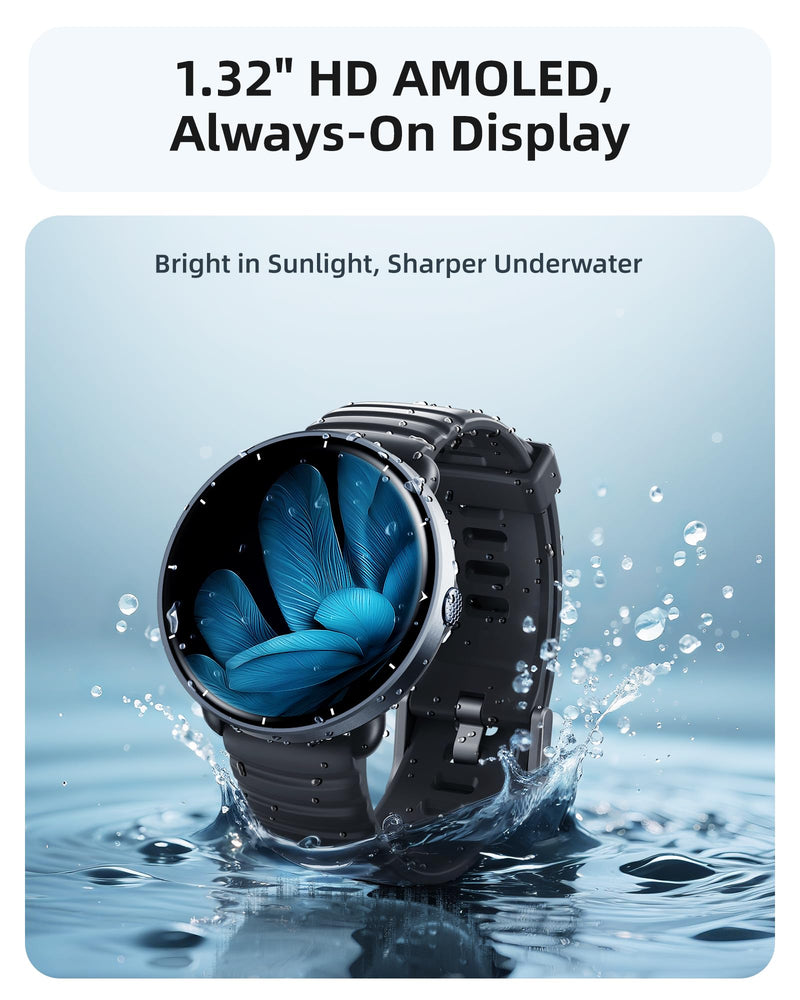 Parsonver Swimming Smart Watch, 5ATM Waterproof Watch for Pool & Open Water | AI Swim Analysis, Built-in GPS & Compass, AMOLED Screen Fitness Trackers 100+ Sports Modes, Heart Rate & Sleep Monitor, Black