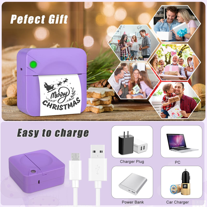 Mini Sticker Printer,Mini Pocket Thermal Printer with 11 Rolls Paper,Bluetooth Inkless Printer Compatible with Android & iOS,Portable Receipt Printer for Photo,Journal,Memo,Travel,Purple Purple