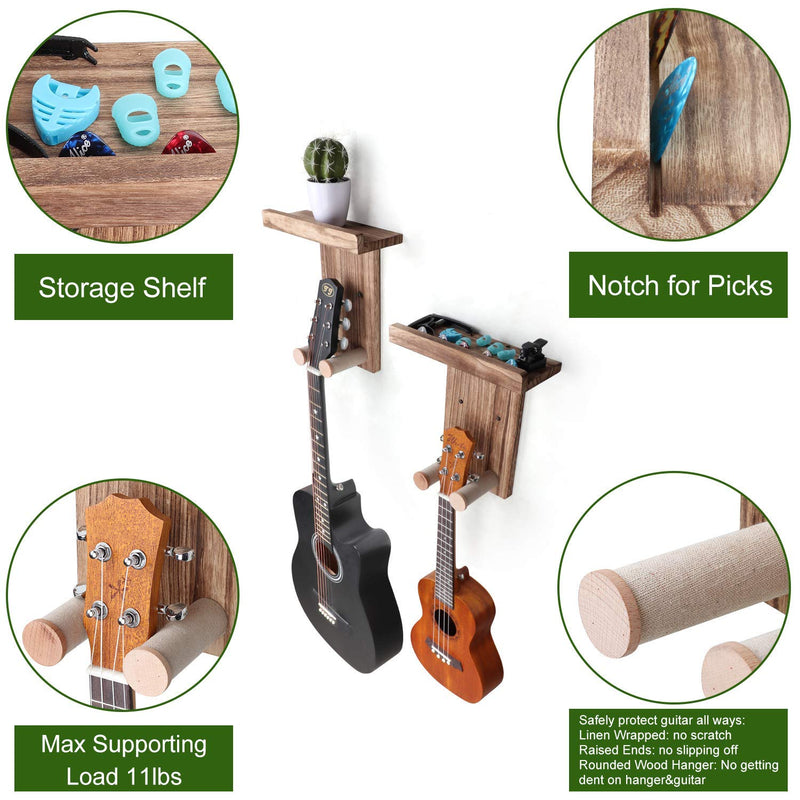 Keebofly 2-Pack Guitar Wall Mount Hanger with Shelf & Pick Holder - Wood Wall Hook for Acoustic, Electric, Bass Guitars, Ukulele (Screw-Mounted, Brown) [Patented]
