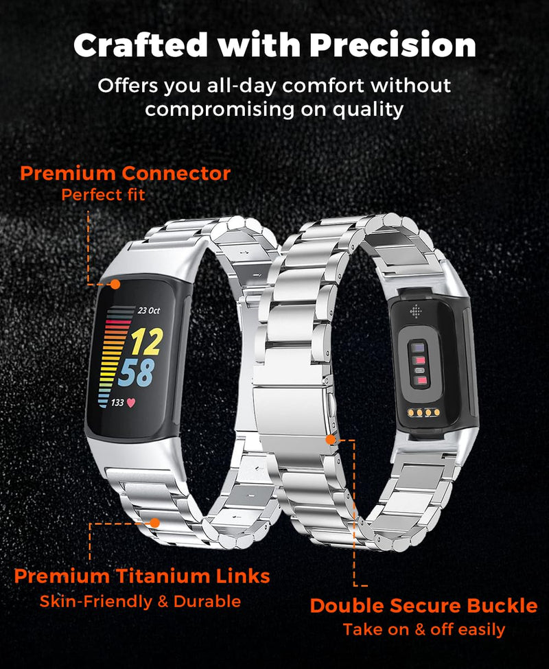 Titanium Watch Metal Band Strap for Fitbit Charger 6 & 5 Men | 40% Lighter than Steel,Hypoallergenic,Corrosion Resistant,Durable,Fits wrist 5.9"-8.6",Length Adjustable,Secure Clasp black Fitbit charger 6/5