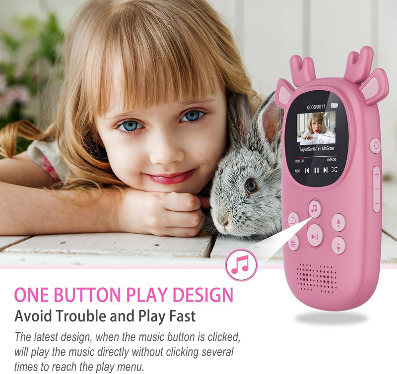 [AUSTRALIA] - 64GB MP3 Players for Kids, Cute Reindeer Portable Music Bluetooth Kid MP3 Player, Child MP3 Player with Bluetooth 5.3,Speaker, FM Radio, Alarm Clock, Voice Recorder, Stopwatch (Support up to 128GB) 64GB Pink 