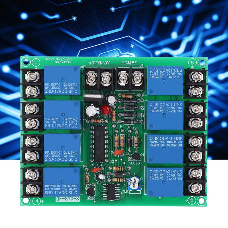Fafeicy Multifunction Relay, 8 Channels Power Time Sequence Board 12V DC/AC, Adjustable Sequential Controller Module-0.2-4.0s, for Audio Equipment, Electronic Components