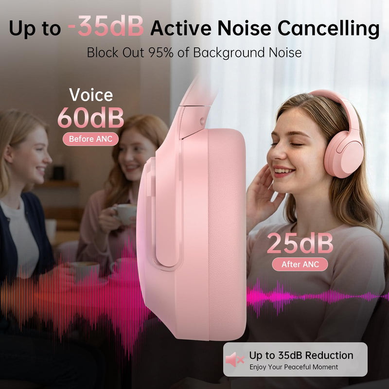 Active Noise Cancelling Headphones, 65H ANC Playtime Wireless Bluetooth | Custom EQ Headphones with Mic, Bluetooth 6.0, Hi-Res Audio, Transparency Mode, Cat Ears Headsets,Commute/Travel/Pink Pale Pink