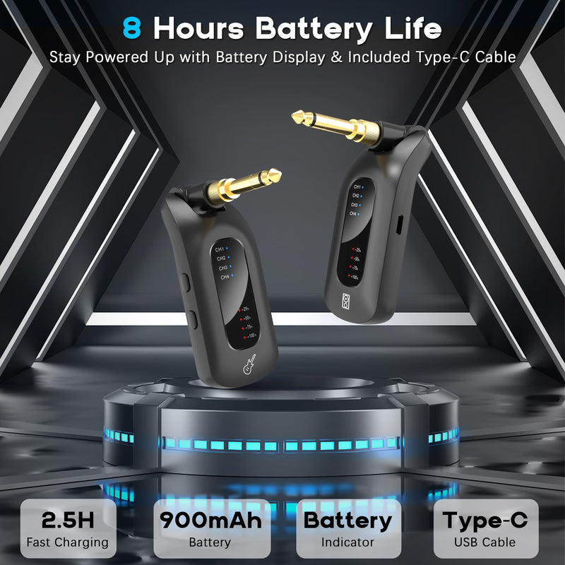 5.8GHz Wireless Guitar Audio System - Rechargeable Transmitter and Receiver with 4 Channels, Low Latency and Over 164ft Long Range Transmission, Compatible Guitar Bass Electric Instruments 5.8GHz