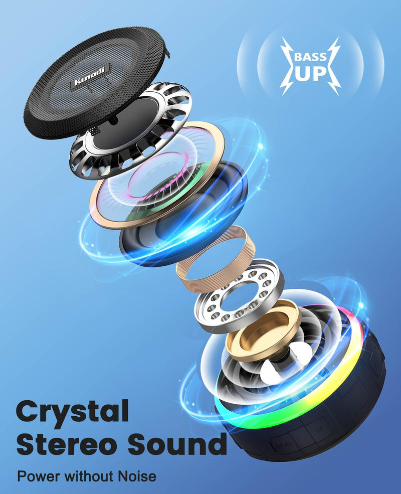 Kunodi Bluetooth Shower Speaker with IPX7 Waterproof, Dynamic Lights, Crisp Clear Sound, True Wireless Stereo, Clip Portable for Pool Beach Boat Kayak Float Golf Gift WaterproofBlack