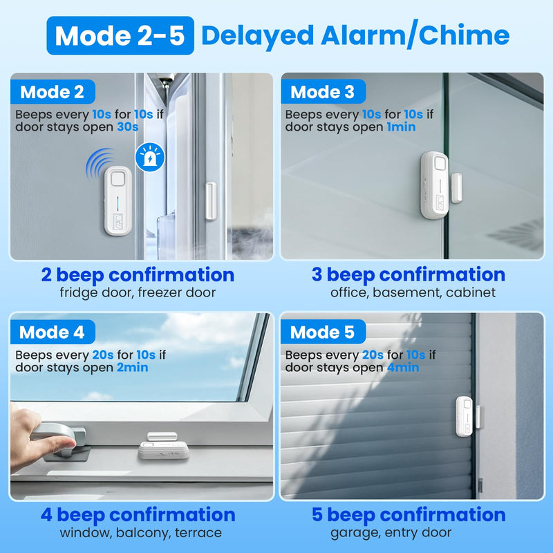 [AUSTRALIA] - SanJie Door Left Open Alarm with Delay(Instant/30s/1min/2min/4min),Window Fridge Door Alarm for Kids Safety,Volume Adjustment Mute-120dB,2 Tones,5 Modes,Ajar Alert for Freezer Garage Home,3 Sensor 3 Sensors 
