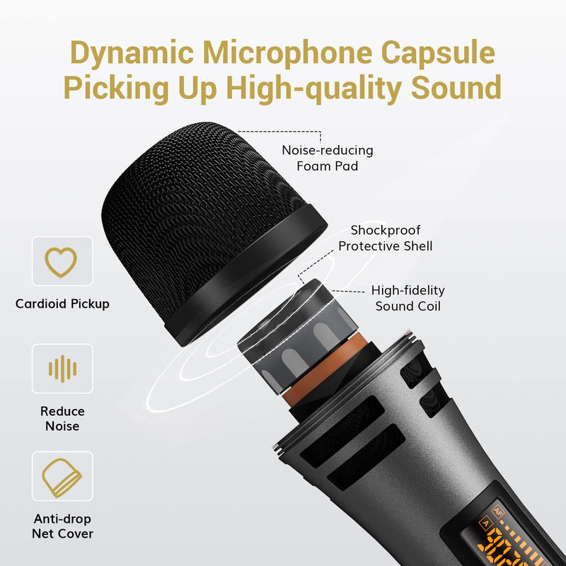 TONOR Wireless Microphones, Dual UHF Karaoke Microphone System, Microfonos Inalambricos with Rechargeable Receiver, Cordless Dynamic Mics Set for Singing, Wedding, Party, 60 m/200ft TW320, 2 Mics Grey