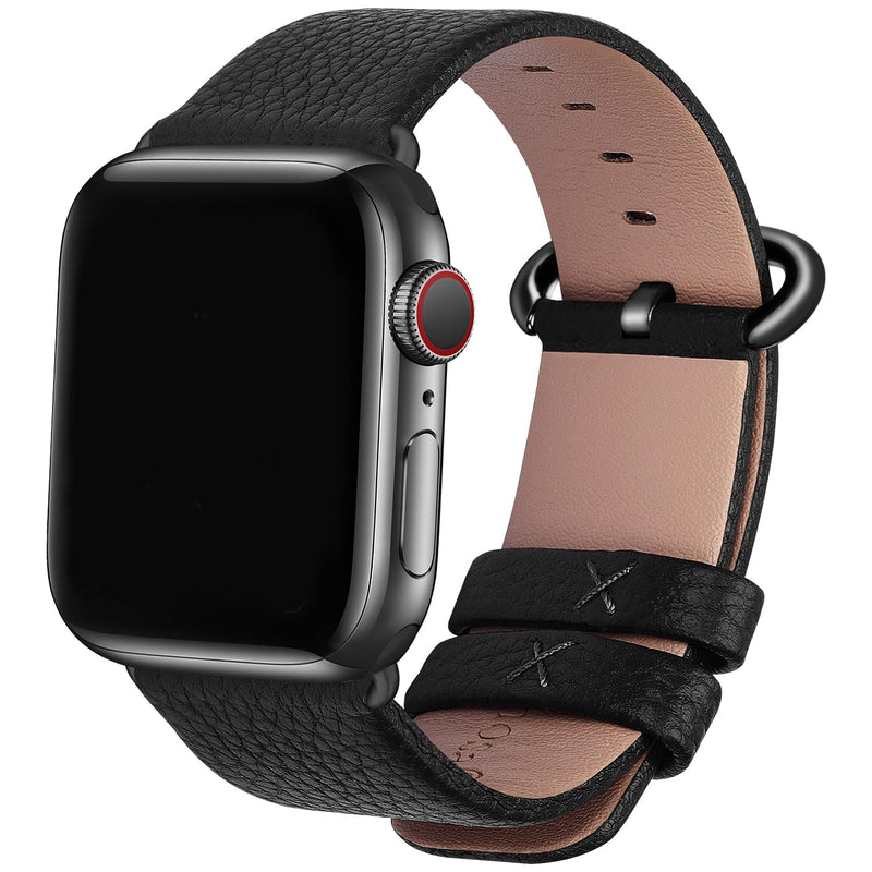 Fullmosa Compatible Stainless Steel Apple Watch Band 41mm/40mm/38mm Blue with Case & Compatible Leather Apple Watch Band 41mm/40mm/38mm,Black
