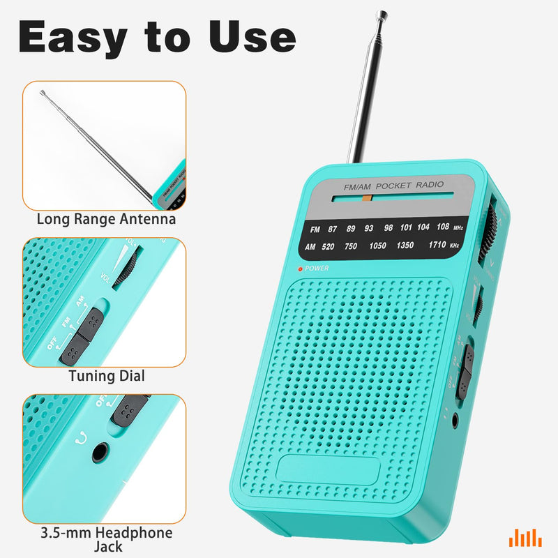 Portable Radio AM FM, Goodes Transistor Radio with Loud Speaker, Headphone Jack, 2AA Battery Operated Radio for Long Range Reception, Pocket Radio for Indoor, Outdoor and Emergency Use-Green New-Cyan