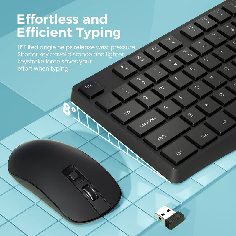 Wireless Keyboard and Mouse Combo, Lovaky 2.4G Full-Sized Ergonomic Keyboard Mouse, 3 DPI Adjustable Cordless USB Keyboard and Mouse, Quiet Click for Computer/Laptop/Windows/Mac (1 Pack, Black) 1 Pack