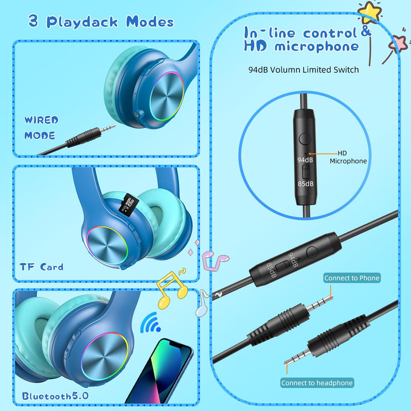 2023 Bluetcooth Kids Headphones Fit for Aged 3-21, Colorful LED Lights Comfort Wireless Headphones with Microphone 94dB Volume Limited for School/iPad/PC/TV/Cellphones, Wired & TF Card Mode, Blue