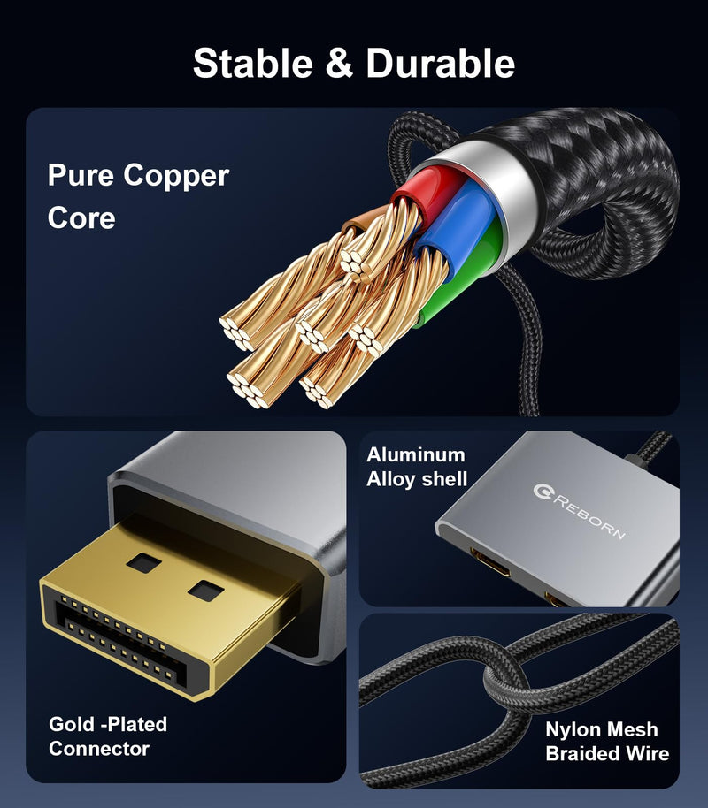 Reborn DisplayPort to Dual HDMI Adapter 4K@60Hz Display Port to HDMI 1 in 2 Out Splitter for Dual Monitor Extended Display, DP Source to 2 HDMI Adapter with PC, Graphics Card, Lenovo, HP and More MST-DP to Dual HDMI Adapter