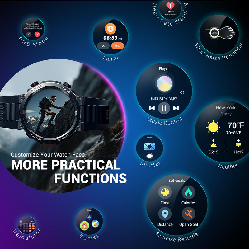 Military Smart Watch for Men(Answer/Make Calls),Outdoor Smartwatch with 100 Days Battery/Flashlight/Compass/Heart Rate/SpO2/Sleep Monitor/2 Straps, Rugged Fitness Watch for iPhone/Android Phones W50Pro-Black