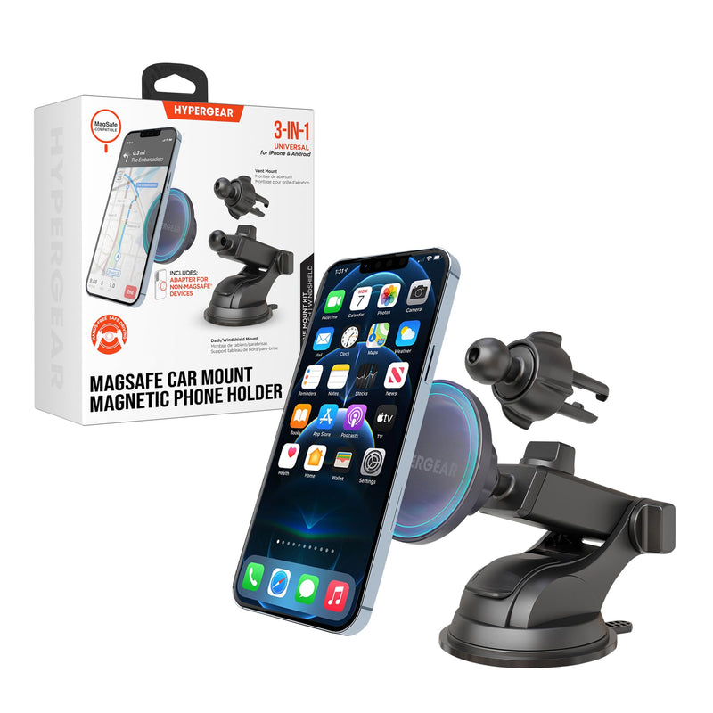 HyperGear Mag Grip Magnetic Phone Holder for Car - 3 in 1 Car Phone Mount Kit for Vent, Dashboard and Windshield, Compatible with iPhone and Android