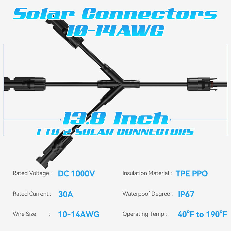 1 Pair of Solar Connectors Y Branch Parallel Adapter Cable, Power Solar Cable for Solar Panel, 30A 1000V Y-Branch Cable with CE and TUV Certification, Y4 Parallel Solar Wire in Pair (1*M/FFF+1*F/MMM) M/FFF+F/MMM