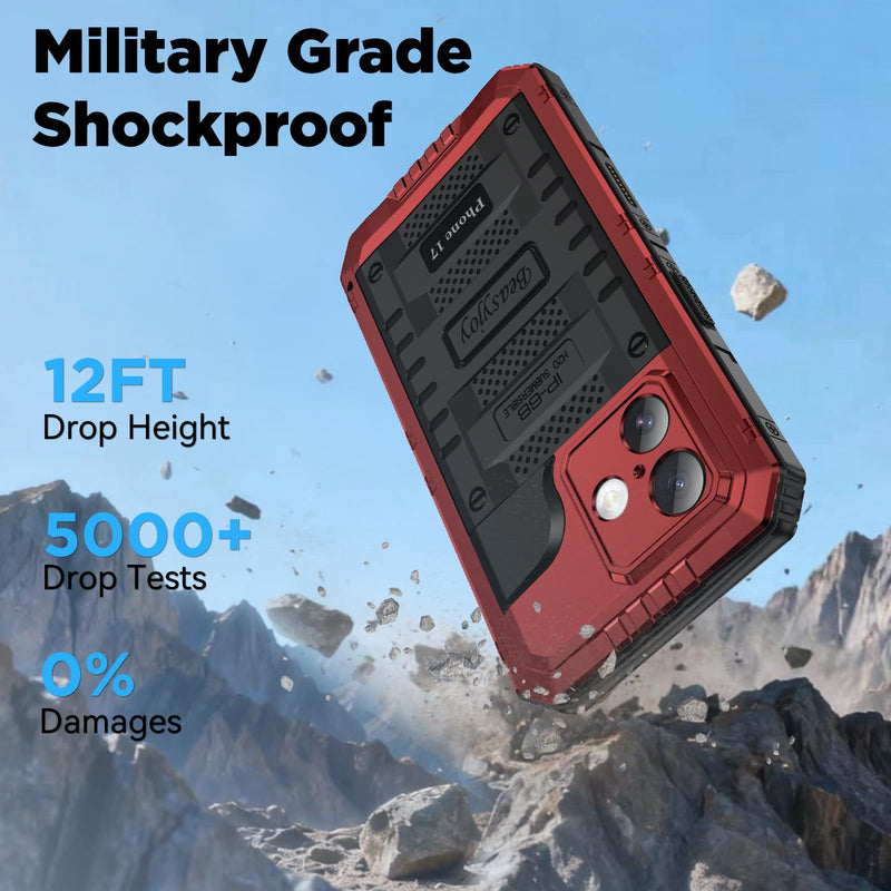 Beasyjoy for iPhone 17 Case Waterproof, Heavy Duty Metal Full Body Protection, Built-in Screen Protector, Military Grade Shockproof Dustproof Rugged Cover for iPhone 17 6.3 inch, Red