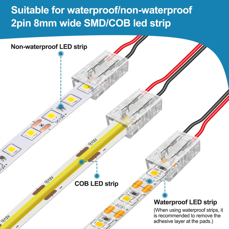 Aroidful 12 x 2 Pin 8 mm COB LED Plug, Solderless Corner Connector for Connecting Strips and Lamp Strips, for 2 Pin 8 mm COB/SMD LED 12 pieces, 2 pin 8 mm