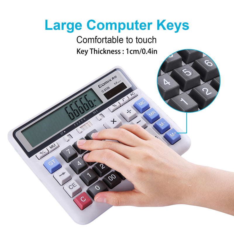 Comix Desktop Calculator, 12 Digits Large Desk Calculator, White, 2 Pack | Solar Battery Dual Power, Large LCD Display, Computer Keys, 4 Function Basic Calculator for Office Business Home Use
