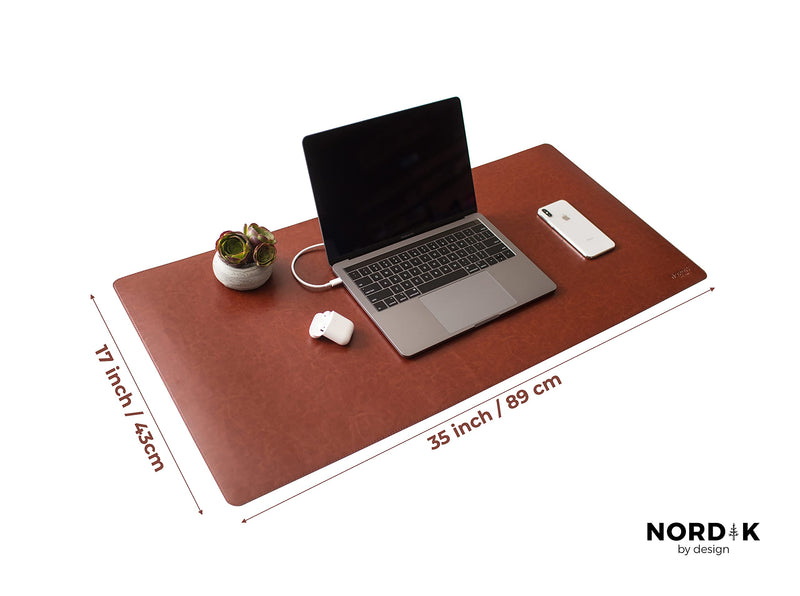 Nordik Leather Desk Mat Cable Organizer (Saddle Brown 35 X 17 inch) Premium Extended Mouse Mat for Home Office Accessories - Felt Vegan Large Leather Desk Pad Protector & Desk Blotter Pads Decor Saddle Brown
