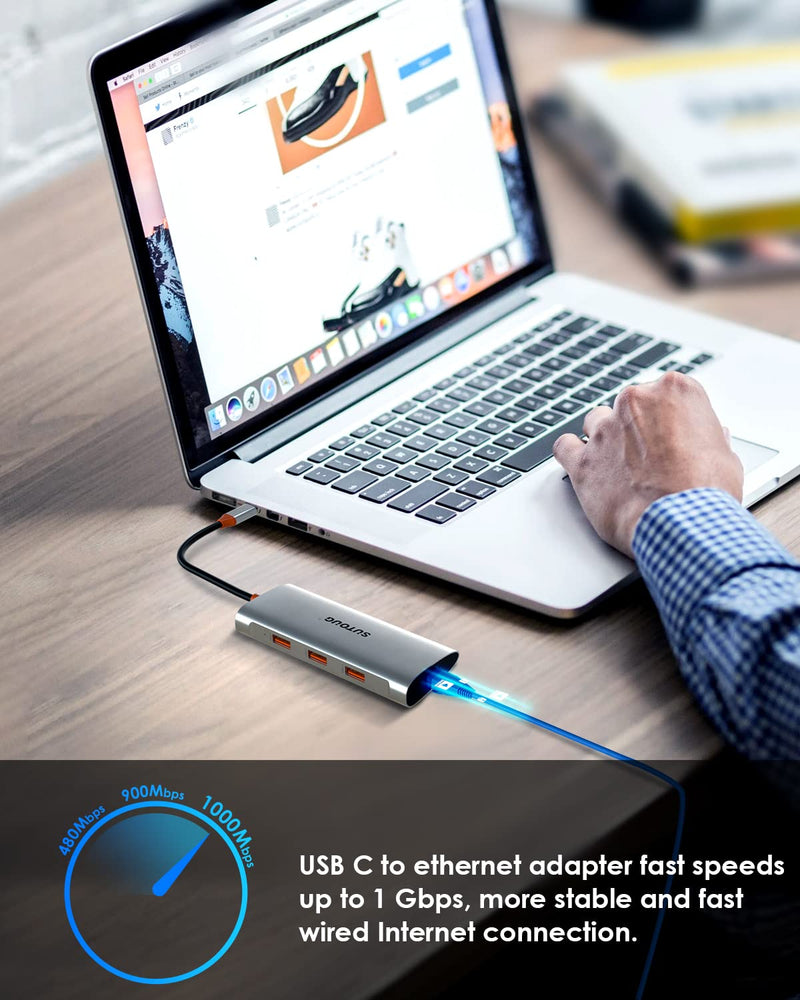 4 in 1 USB C Hub, USB C Adapter, USB Type C to USB 3.1 Adapter with SuperSpeed 10Gbps for MacBook Pro/Air Grey 3 USB 3.1 and RJ 45
