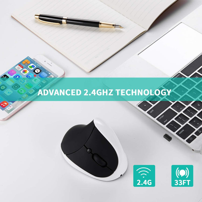 Vertical Mouse, AURTEC Rechargeable 2.4G Wireless Ergonomic Mice with USB Receiver, 6 Buttons and 3 Adjustable DPI 800/1200/1600, White