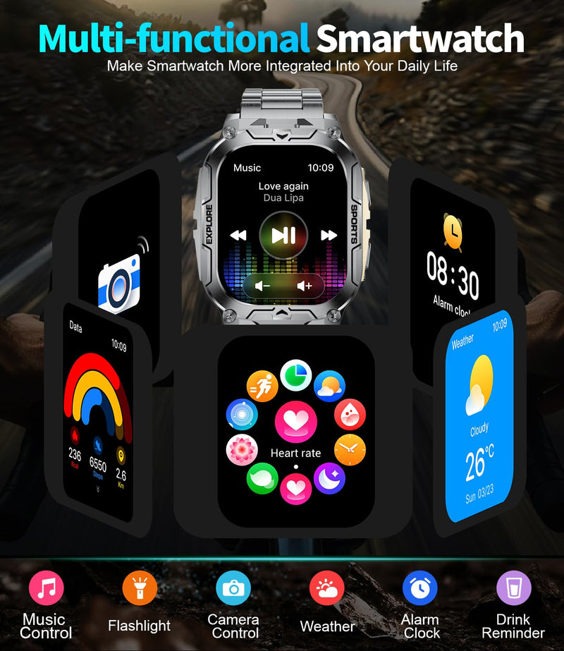Military Smart Watches for Men(Answer/Dial Calls),2.01" Ultra Large HD Smartwatch with 60 Days Extra-Long Battery/Heart Rate/Sleep Monitor/Flashlight/2 Straps,Rugged Fitness Watch for iOS/Android Gold