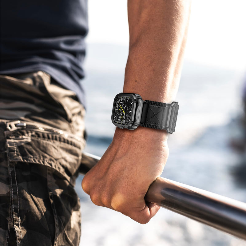 SUPLINK Stainless Steel Case&Nylon Band Compatible with Apple Watch Band 38mm 40mm 41mm 42mm 44mm 45mm 46mm 49mm,Rugged Metal Cover Adjustable Strap for iWatch Series 10 9 8 7 6 5 4 3 2 1 SE Ultra Men Black Large-42/44mm(series SE/6/5/4/3/2/1)