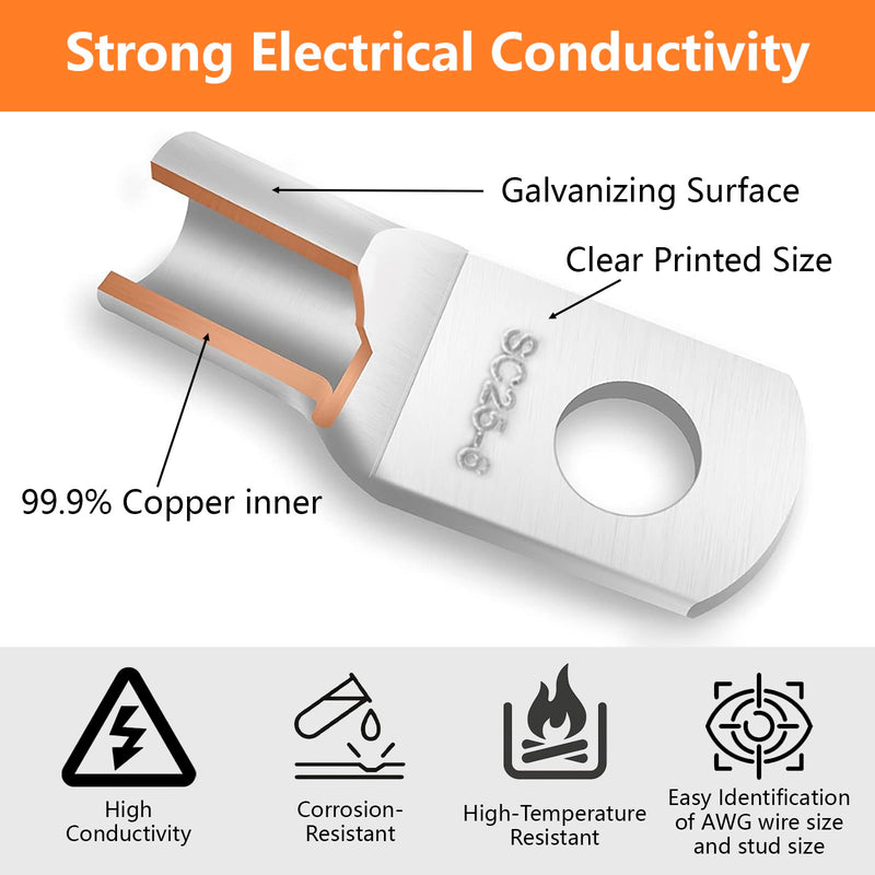Tube Cable Lugs Cable Lugs Set, 140 Pieces Wire End Ferrules 6 mm² 10 mm² 16 mm² 25 mm² for Car Battery Cable Distribution Boxes, Diameter M6/M8 Ring Terminals Set with 70 Heat Shrink Tubing 2: 1