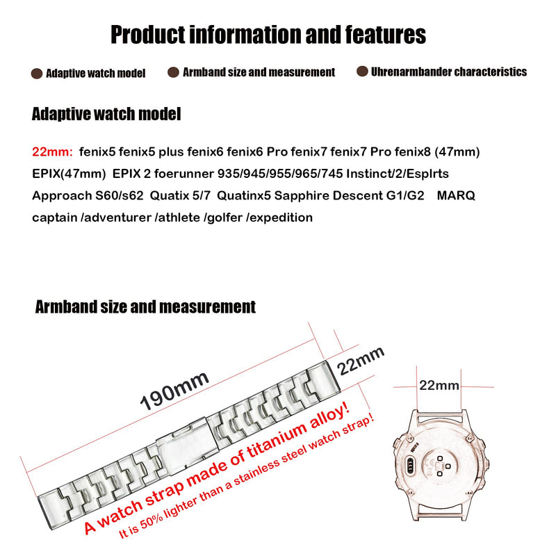 XIW Compatible for 22mm Garmin Fenix 8 47mm/E 47mm/Fenix 6 Pro/7/5 Plus/EPIX 2/Forerunner 965 Titanium Metal Quick Release Watch Band Replacement for men Wirstband Strap women Bracelet Silver
