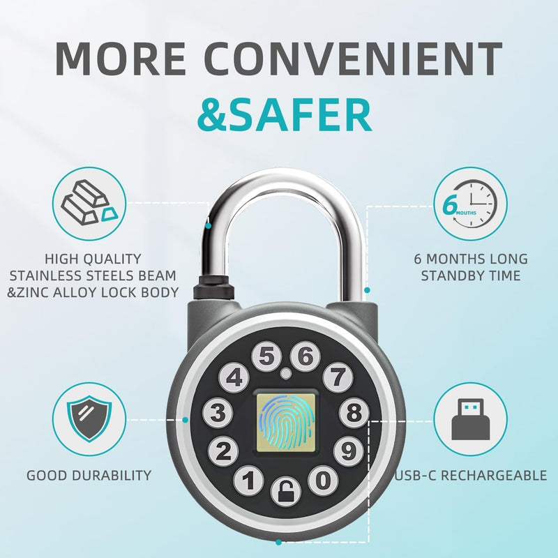 SFW Fingerprint Padlock,Bluetooth Pad Locks with Code, Water Resistant Smart Padlocks with Mobile App.Suitable for Gym, Sports Facilities, Bicycles, Schools, Luggage and Lockers