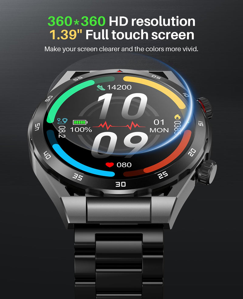 EarlySincere Smart Watches for Men with Blood Pressure, 1.39" HD Fitness Watch, Smartwatches with Heart Rate Blood Oxygen Sleep Monitor for Android and iPhone, Comes with Replaceable Silicone Strap Black Metal