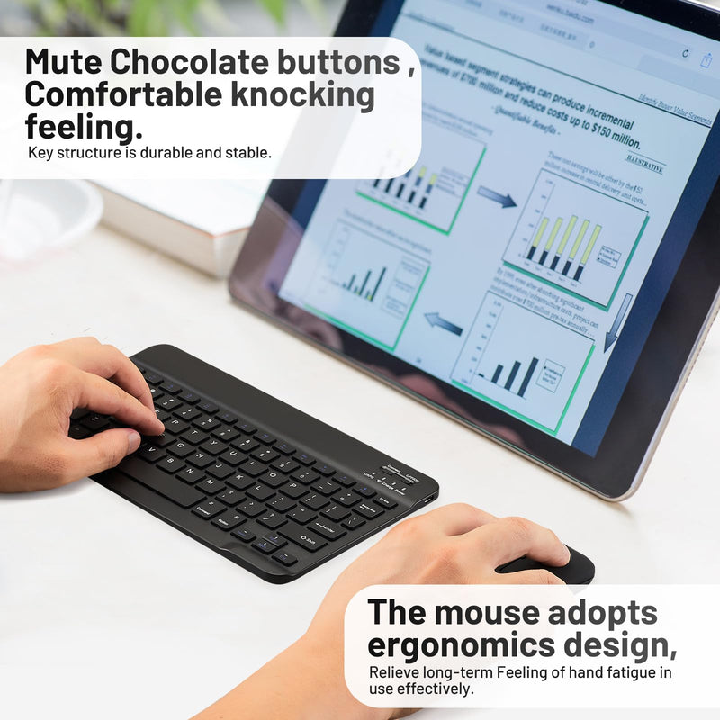 Ultra-Slim Bluetooth Keyboard Portable Mini Wireless Keyboard Rechargeable for Apple iPad iPhone Samsung Tablet Phone Smartphone iOS Android Windows (10 inch Black)