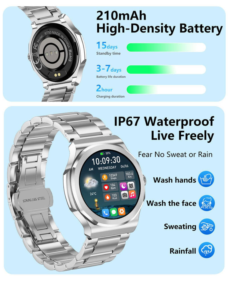 Smart Watch for Men Women Fitness Tracker 1.27" HD Touch Screen Bluetooth Call Android/iOS Compatible 24/7 Heart Rate/Sleep Monitor IP67 Waterproof Fitness Tracker (Steel Silver RT-50) Steel Silver RT-50