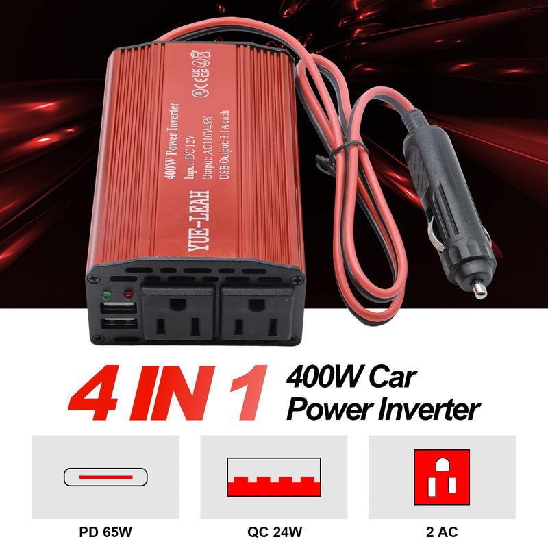400W Power Inverter, 12V to 110V Car Inverter with 2 AC Outlets & Dual 6.2A USB Ports for Laptop, Air Compressor & Fast Charging