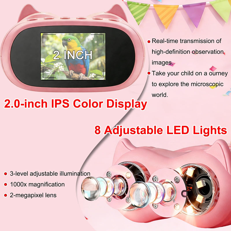[AUSTRALIA] - 1000X Digital Microscope for Kids &Binoculars,Handheld Kids Microscope with 2.0" Screen,Rechargeable USB Portable Microscope,STEM Education Toys Christmas Birthday Gifts for Kids Boys Girls Ages 4-12 Pink 