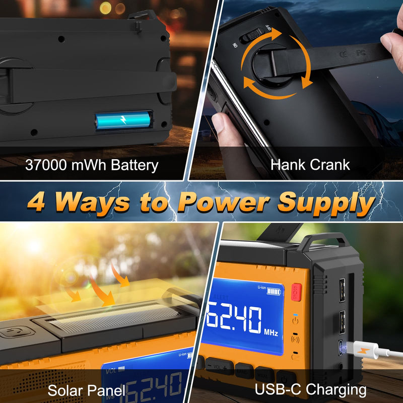 Emergency Weather Radio Solar Hand Crank Emergency Radio 37000mWh AM/FM NOAA Weather Radio with LCD Display 3 Mode Flashlight SOS Alarm Compass Headphone Jack for Winter Storm Emergency Orange