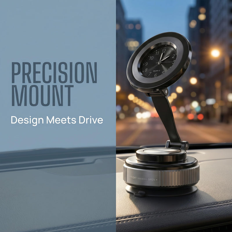 Car Mount with Clock, Folding Stand Design, Round Dial, Silver, Car or Desk