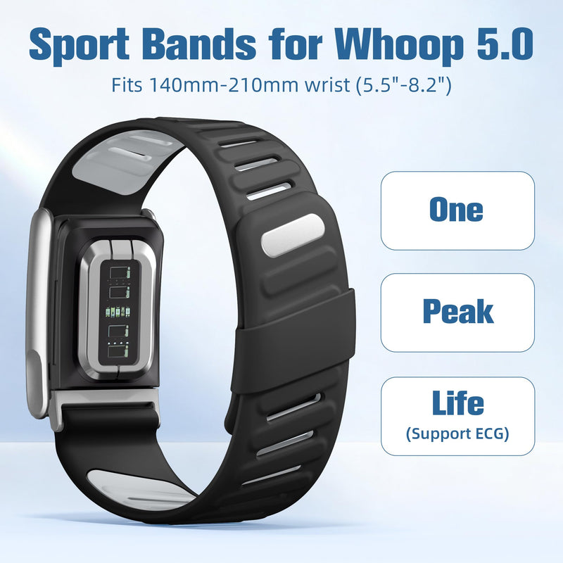 Getino 2 Pack Bands Compatible with Whoop 5.0 Bands One, Peak and MG/Life, Soft Silicone Breathable Waterproof Sport Adjustable Replacement Strap for Whoop Band 5.0 Women Men, Black/Blackgray