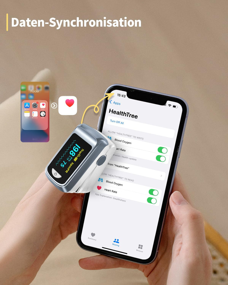 HealthTree Blood Oxygen Saturation Monitor and Heart Rate Monitor for Apple and Android with OLED Screen Included, 2 AAA Batteries and Lanyard Grey