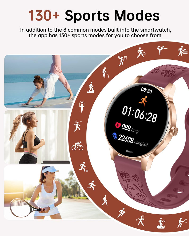 Smart Watch for Women(Answer/Make Call), 1.27'' Fitness Activity Tracker Watch with 130+ Sports Modes, Heart Rate Sleep Monitor, Pedometer, 41mm Smartwatch for Android iPhone Compatible (ROUND) Burgundy
