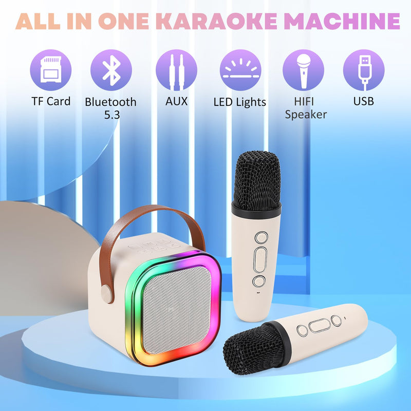 Mini Karaoke Machine for Kids, Portable Bluetooth Speaker with 2 Wireless Microphones,Christmas and Birthday Gifts Suitable for Girls Aged 4 to 12(White) white