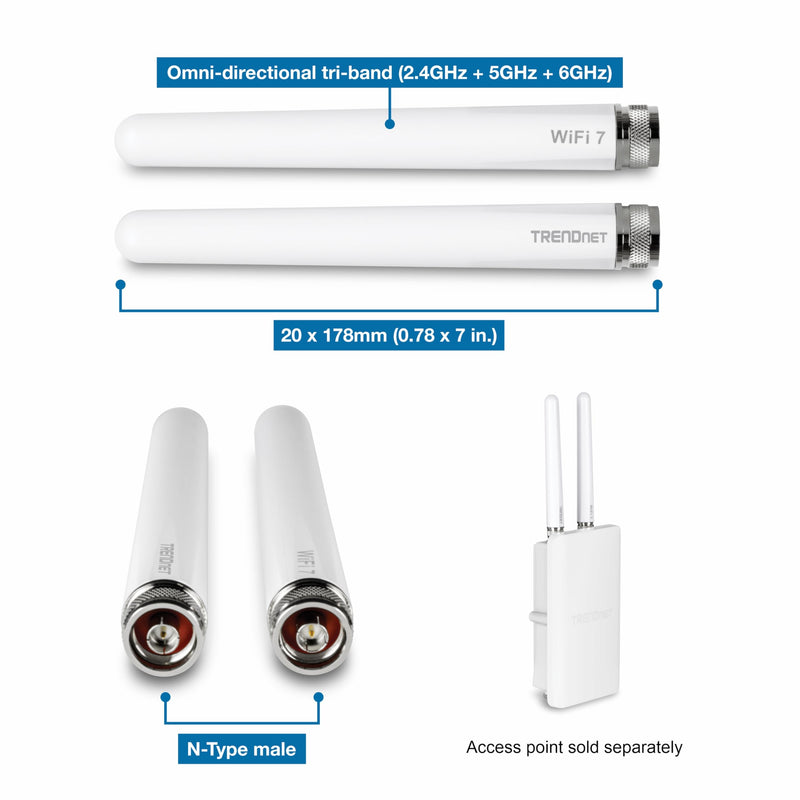 TRENDnet 3/6/7 dBi Outdoor Tri-Band Omni Antenna Kit, TEW-A057 | 2.4GHz, 5GHz, 6GHz, Compatible with 802.11be/ ax/ac/n/g/b/a Routers and Access Points, N-Type Connector