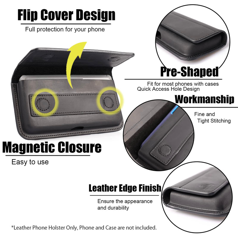 Topstache X-Large Leather Phone Holster,Flip Cell Phone Case with Belt Clip for S23 Ultra S23 Plus,Leather Case for iPhone 14 Pro Max,Universal Smartphone Leather Sheath for Phone with Protective Case Black