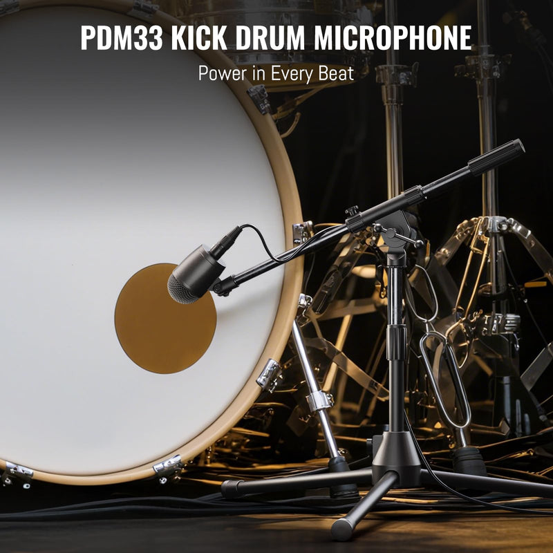 Phenyx Pro PDM33 Kick Drum Microphone, Cardioid Dynamic Mic with Locking Stand Adapter, Integral XLR Connector, and Metal Mesh Grille